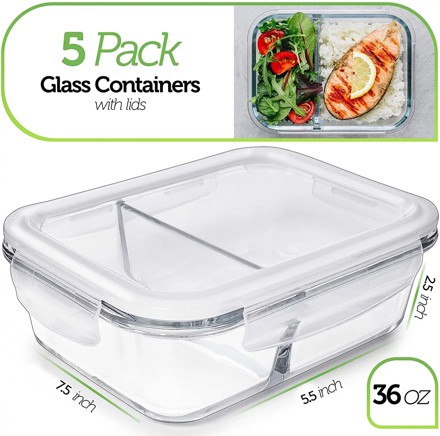 - 5 Pack Glass Food Storage Containers - Meal Prep Container - 36 Oz 2 Compartments, 36 Oz