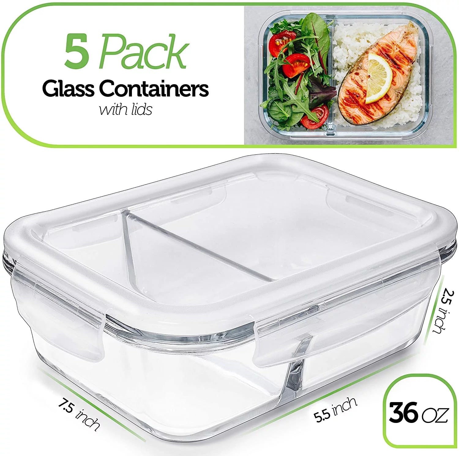 - 5 Pack Glass Food Storage Containers - Meal Prep Container - 36 Oz 2 Compartments, 36 Oz